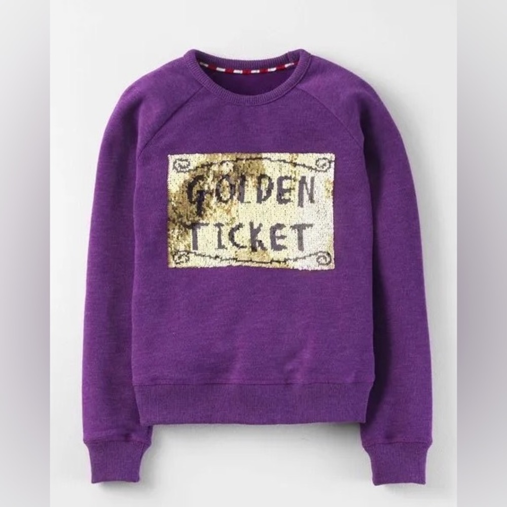 Mini Boden Roald Dahl Golden Ticket Purple Sequin Sweatshirt Size 5-6 Charlie